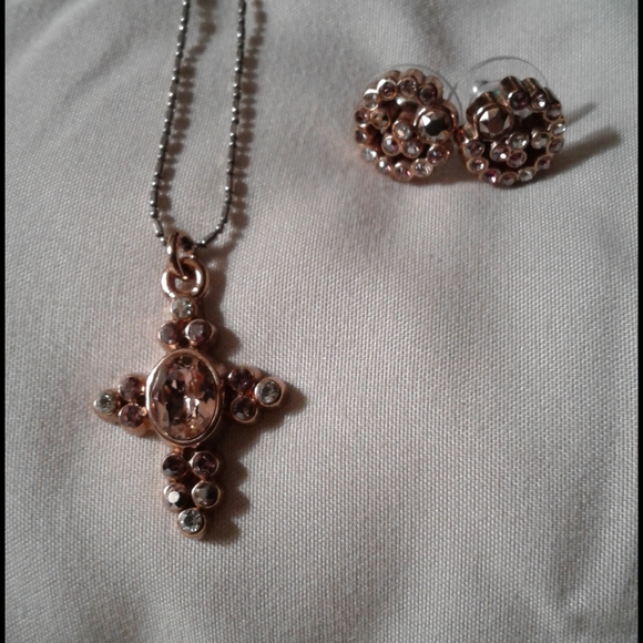 Morganite Cross Necklace and Earrings Set - Picture 3 of 4
